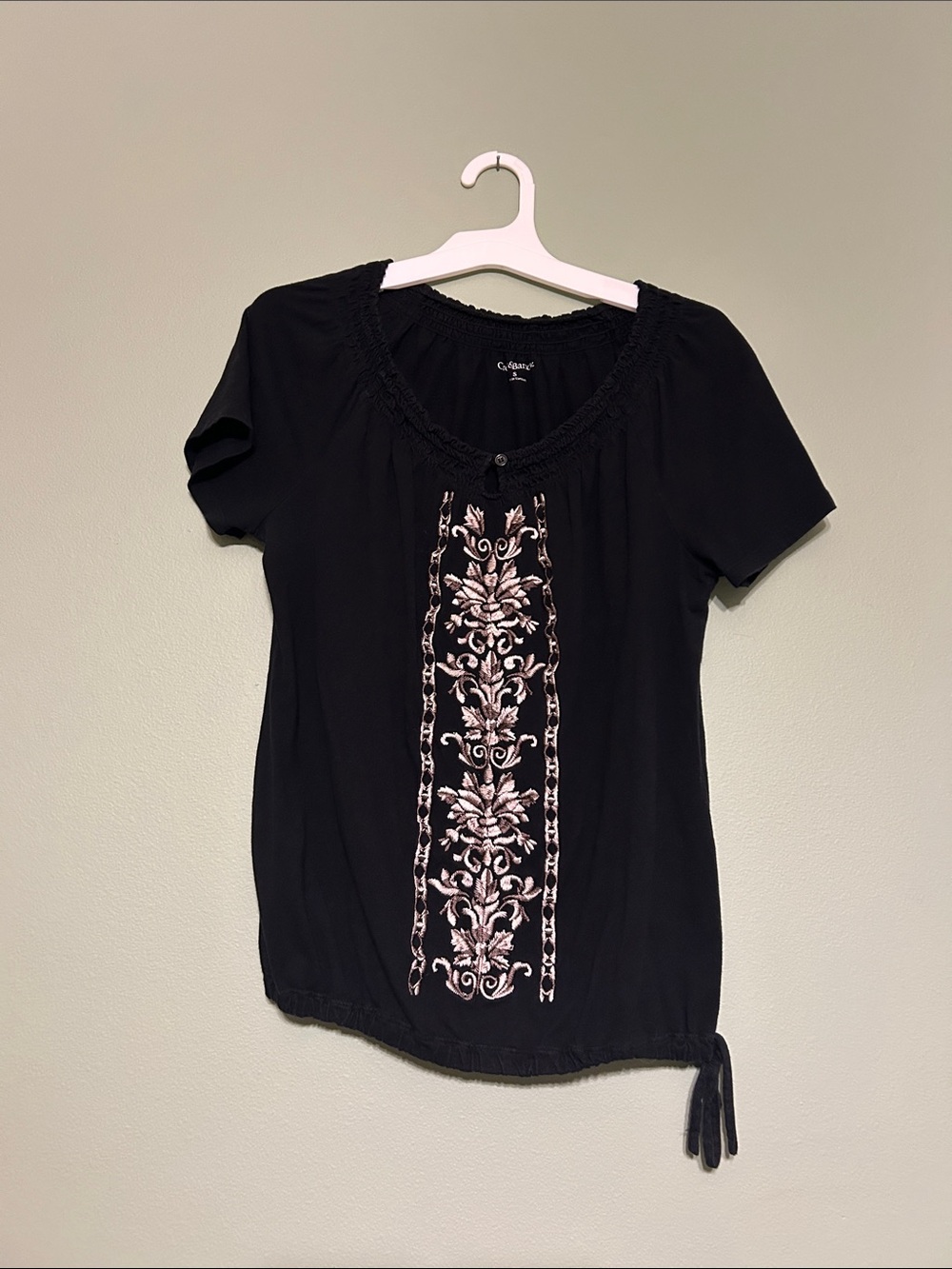 Croft & Barrow Black Short-Sleeve Embroidered Peasant Top